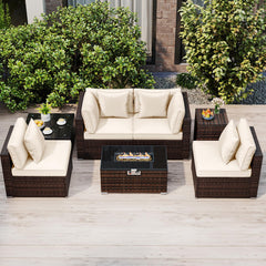 Tangkula 7 Pieces Wicker Patio Furniture Set with 40,000 BTU Gas Fire Pit Table & Propane Tank Cover Table & Glass Top Coffee Table