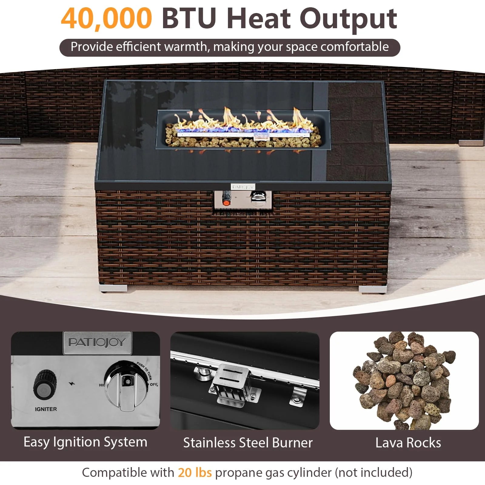 Tangkula 7 Pieces Wicker Patio Furniture Set with 40,000 BTU Gas Fire Pit Table & Propane Tank Cover Table & Glass Top Coffee Table