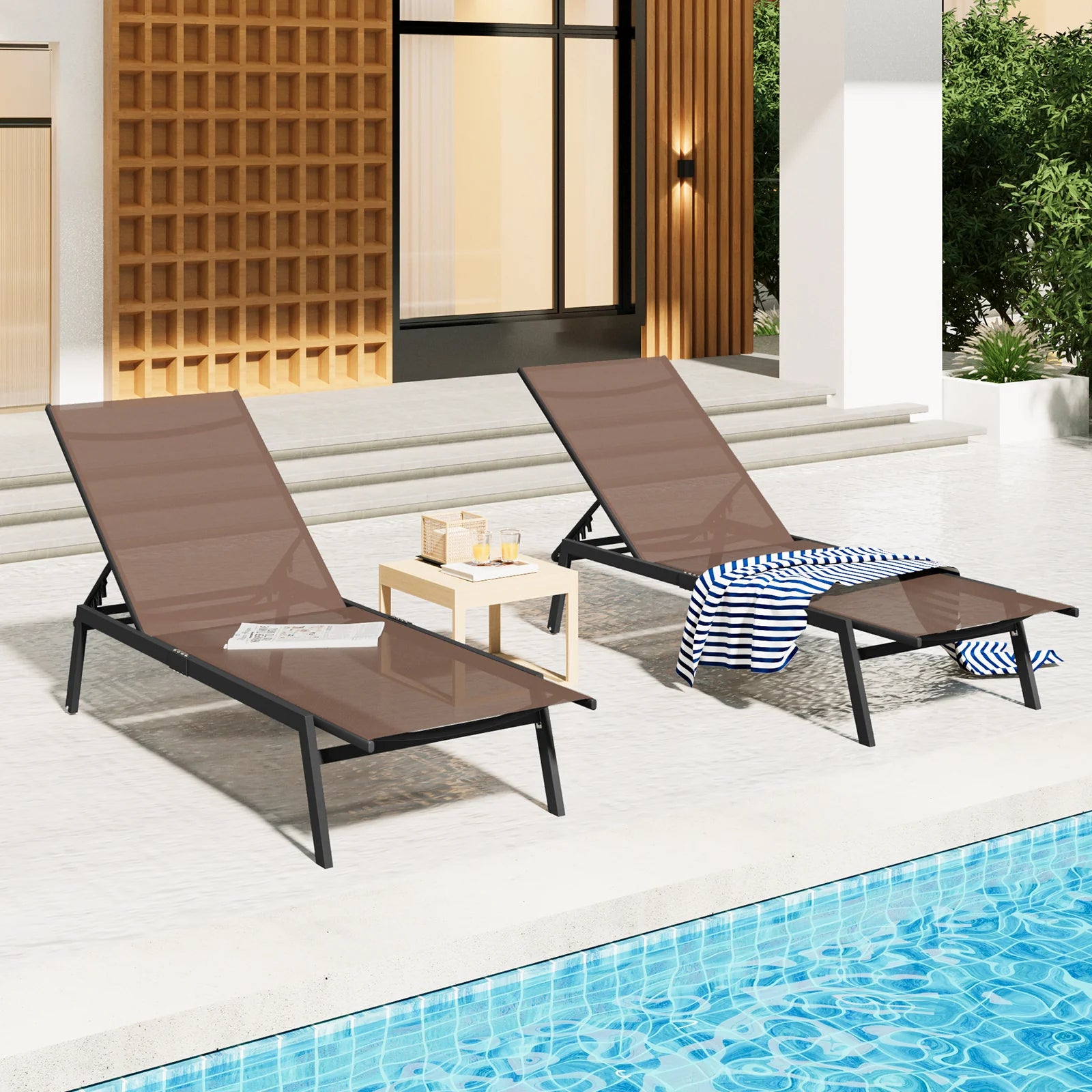 AECOJOY Patio Lounge Chairs, Outdoor Chaise Lounge with Wheels, Brown, 4PCS