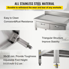 Commercial Work Table Workstation 24 x 42 Inches Commercial Food Prep Work Table with 2 Drawers. Undershelf and Backsplash. 992 lbs Load Stainless-Steel Kitchen Island for Restaurant. Home and Hotel