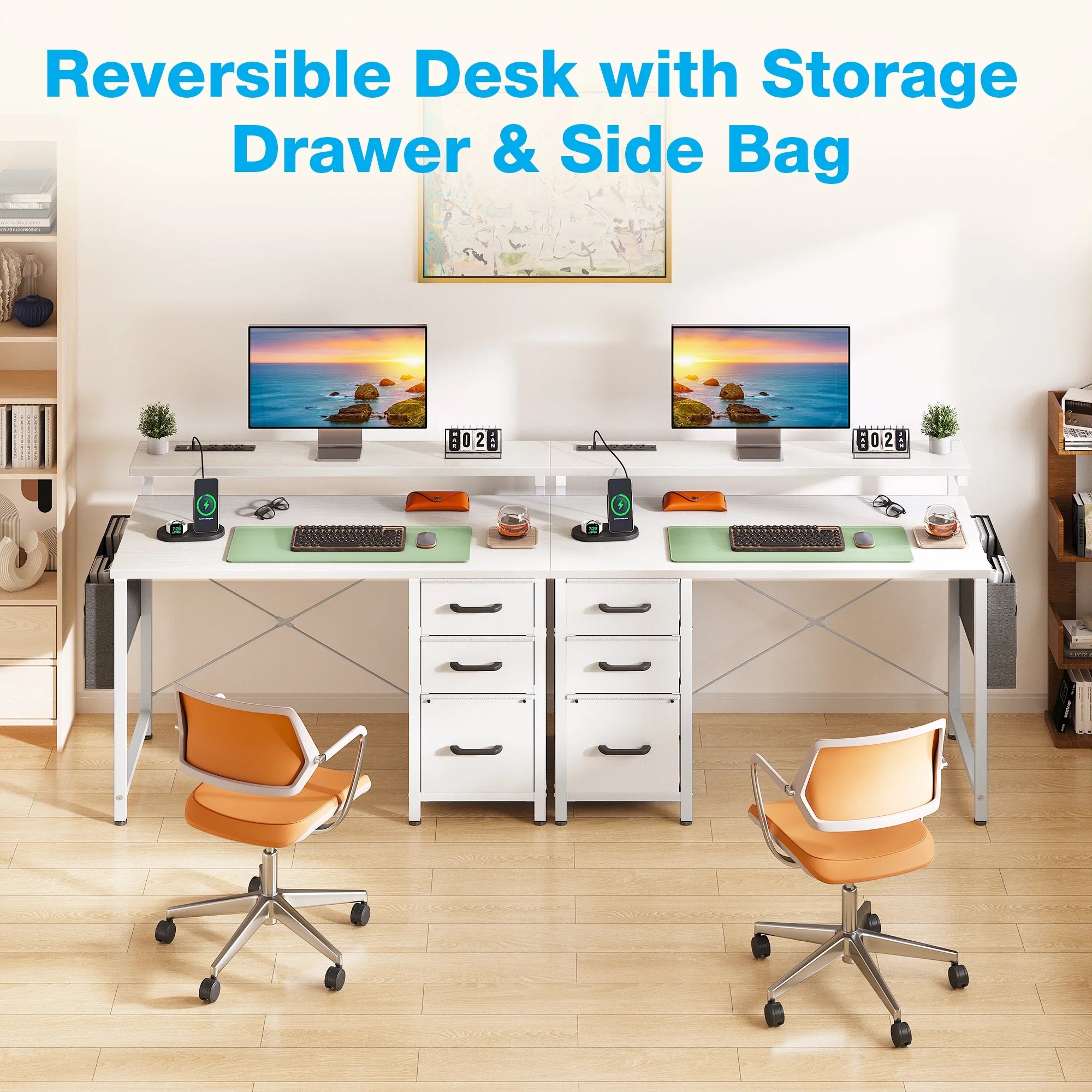 40 in Computer Desk with Power Outlets & LED Lights, Home Office Desk with 3 Drawers & Adjustable Monitor Shelf, , Writing Desk with Storage Bag, Vintage